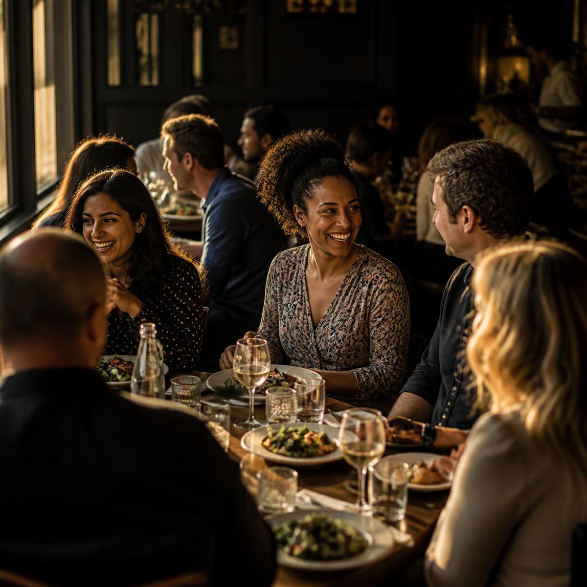 Clientes disfrutando en un restaurante lleno
